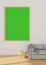 3d rendering Large frame display green screen for product advertising on white wall and gray sofa and small wooden table