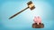 3d rendering of a large judge gavel ready to strike at a small piggy bank standing on a sound block.