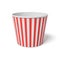3d rendering of a large popcorn bucket with red and white stripes standing completely empty on a white background.