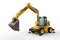 3D rendering of a large yellow wheeled excavator with digging arm extended isolated on a white background