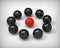 3d rendering of leadership and team work concept. Red ball is the leader of black balls on white background. Stand out from the