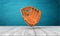 3d rendering of leather baseball glove on white wooden floor and dark turquoise background