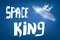 3d rendering of a light-grey UFO wearing gold crown, floating in air, above the title SPACE KING on blue background.