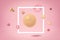 3d rendering of light orange basketball highlighted with square white frame, floating on yogurt pink background, with