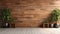 3D rendering of living room with a wooden wall and potted plants.