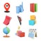 3d rendering location of the educational institution, chemical flasks, two books, sharpener, phone with an open book, A