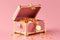 3D rendering of a low poly treasure chest with a security lock, filled with coins, on a pink background