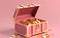 3D rendering of a low poly treasure chest with a security lock, filled with coins, on a pink background