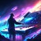 3d rendering of a male cyborg playing the electronic piano with colorful lights AI generated