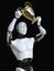 3D rendering of male robot holding trophy award.