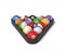 3d rendering of many billiard balls with colorful stripes and numbers inside a rack.