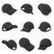 3d rendering of many black baseball caps hanging on a white background in different angles.