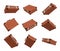 3d rendering of many brown vintage suitcases in closed state hanging on white background in different angles.