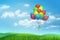 3d rendering of a many colorful partly balloons with a basket underneath fly over a green and sunny valley.