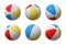 3d rendering of many identical inflated beach balls with white, red, yellow and blue stripes.