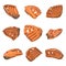 3d rendering of many orange leather baseball gloves flying in different angles of view on a white background.