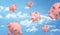 3d rendering of a many pink piggy banks flying freely on the blue cloudy sky background.