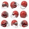 3d rendering of many red American football helmets flying in several positions on a white background.