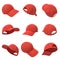 3d rendering of many red baseball caps hanging on a white background in different angles.