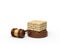 3d rendering of masonry work on round wooden block and brown wooden gavel