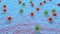 3D rendering of a medical biological surface with lots of red and blue viruses. Image for medical compositions and banners.