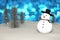 3D Rendering : merry christmas snow man doll on perspective snowscape sparkling bokeh wall light and christmas tree in background