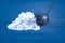 3d rendering of metal chained ball crashing white cloud on blue background