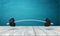 3d rendering of metal training bar-bell on white wooden floor and dark turquoise background