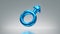 3d rendering. Metallic male gender symbol, blue mars sign, man clip art isolated on silver background. Shiny glass icon