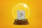 3d rendering of miniature closed metal money safe inside snowglobe on amber background.