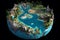 A 3D rendering of a miniature Planet Earth with lush green forests, clean rivers, and diverse wildlife. Forest conservation and