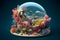 A 3D rendering of a miniature Planet Earth with thriving coral reefs and marine life. Conceptual illustration - ocean pollution,