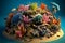 A 3D rendering of a miniature Planet Earth with thriving coral reefs and marine life. Conceptual illustration - ocean pollution,