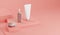 3d rendering mock up cosmetic bundle for skin care. White plastic bottles and tubes pink caps on bright pink backdrop. Branding