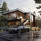 3d rendering of modern cozy house with garage and a car for sale or rent Ai generative