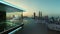 3D rendering of a modern glass balcony with city skyline real photography background