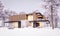 3d rendering of modern house with wood plank facade in winter evening