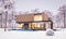 3d rendering of modern house with wood plank facade in winter evening