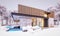 3d rendering of modern house with wood plank facade in winter evening