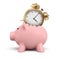 3d rendering of a money box in the shape of a pig with its back split open and a vintage golden alarm clock sitting in