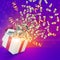 3d rendering of money dollars falling out of gift box on violet background