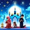 3d rendering of muslim kids praying in front of mosque background generative AI