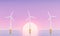 3d rendering offshore wind farm with sunset in background.