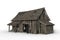 3D rendering of an old abandoned wooden barn with holes in the roof and walls isolated on a white background