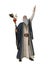 3D rendering of an old wizard in long robes and hooded cloak isolated on white