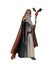 3D rendering of an old wizard in robes and hooded cloak, holding a magical staff isolated on white