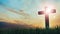 3D Rendering of old wooden cross on grass hill with dramatic ray lights from sky. Concept of Jesus Christ cross, Easter