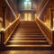 3D rendering of an old wooden staircase in a dark room. AI-generated image