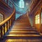 3D rendering of an old wooden staircase in a dark room. AI-generated image