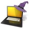 3D rendering of a open black laptop with Halloween colored screen and purple witch hat